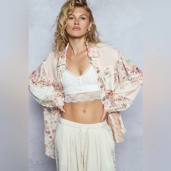 POL “ Wildflower Quilt “ Patchwork Button Down Shacket | Crimson Multi - Picture 1 of 5